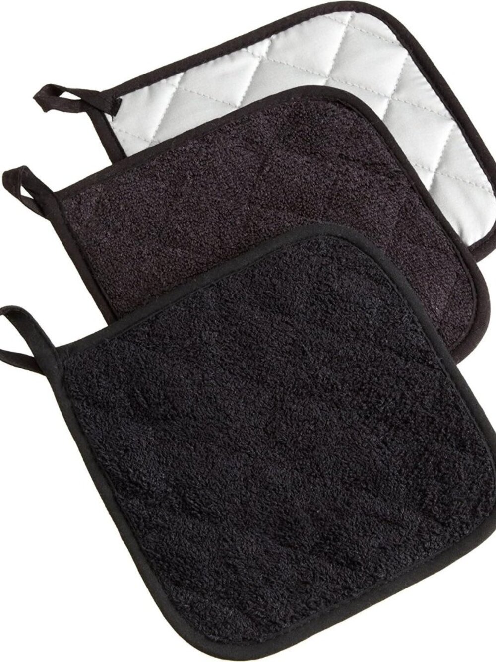 Basic Terry Collection Potholders, Black, 100 Percent Cotton, 3 Piece